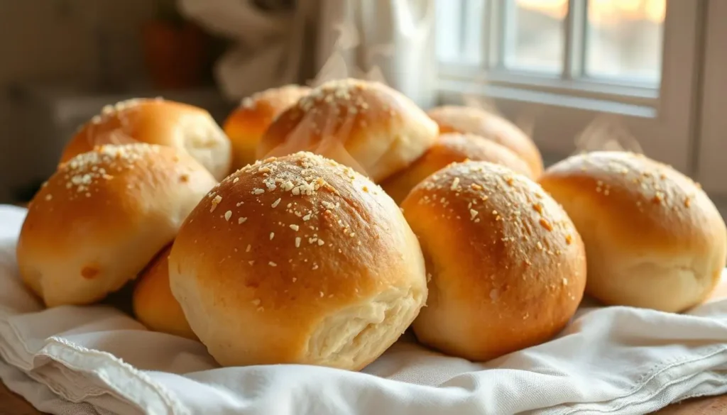Freshly baked parmesan bread rolls, steam rising from their golden-brown crusts, resting on a crisp, white linen cloth. The buttery, aromatic aroma fills the air, inviting you to savor their soft, pillowy interior, dotted with flecks of nutty parmesan cheese. Soft evening light filters through a nearby window, casting a warm glow on the bountiful arrangement, showcasing the rolls' tantalizing texture and tempting you to reach out and tear off a piece. The scene exudes a cozy, homemade ambiance, perfect for enjoying with a glass of wine or alongside a hearty soup or salad.