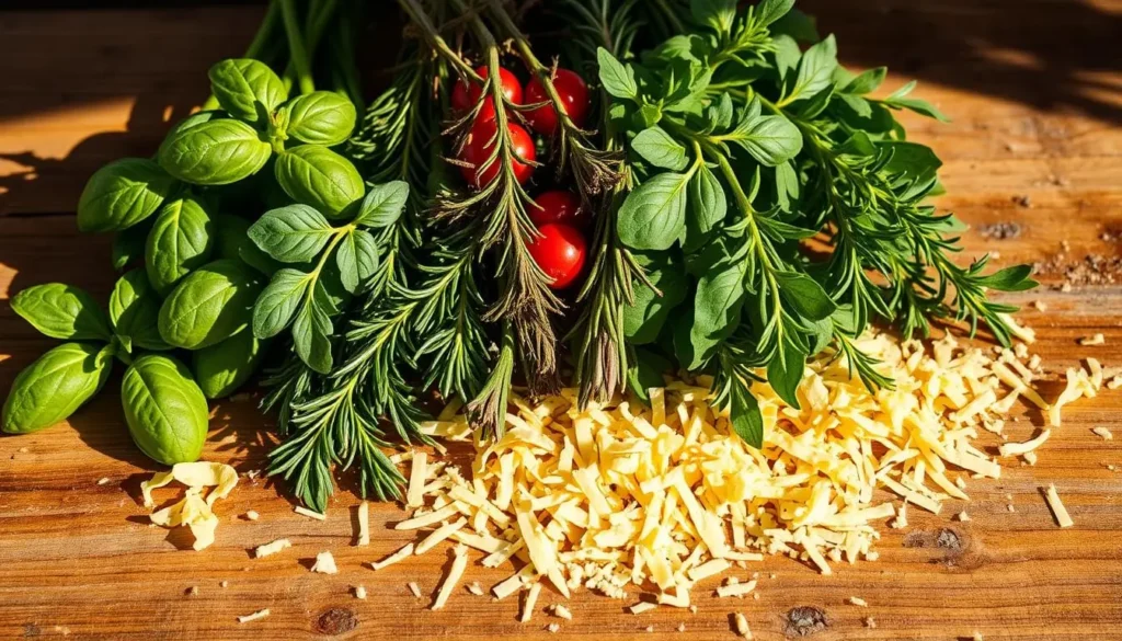 A rustic wooden table, adorned with an assortment of fresh herbs and grated Parmesan cheese, serves as the centerpiece for this image. The herbs, including fragrant basil, rosemary, and thyme, are meticulously arranged, their vibrant colors and textures creating a visually appealing composition. Sprinkled around the herbs, shreds of golden Parmesan cheese invite the viewer to imagine the delightful flavors and aromas that will infuse the homemade Italian Parmesan bread. The scene is illuminated by warm, natural light, casting soft shadows and highlighting the textures of the ingredients. The overall mood is one of culinary inspiration and the promise of a delicious, homemade Italian treat.