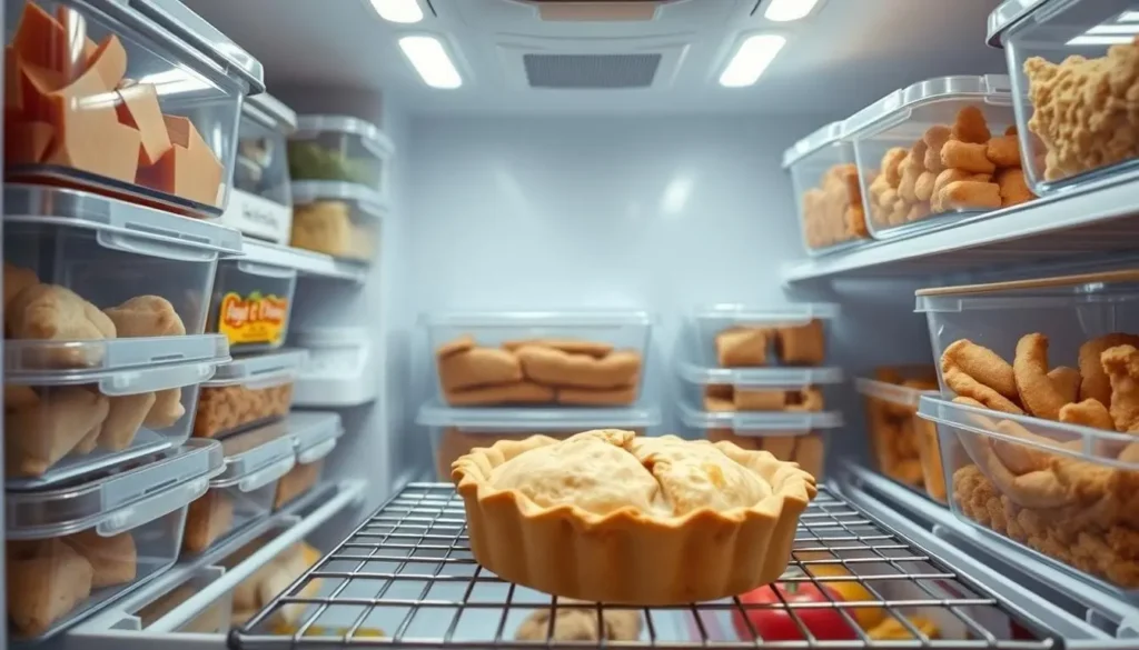 A neatly organized freezer interior with a frozen apple pie sitting atop a wire rack, surrounded by clear plastic containers and neatly stacked frozen goods. Bright LED lighting illuminates the scene, creating a crisp, clean atmosphere. The pie appears freshly frozen, with visible flaky crust and a hint of the apple filling peeking through. The camera angle is slightly elevated, capturing the orderly arrangement of the freezer shelves and the pie's central placement. An overall sense of efficiency and practical storage solutions is conveyed, setting the stage for the article's recommendations on proper freezer storage and reheating of frozen apple pies.