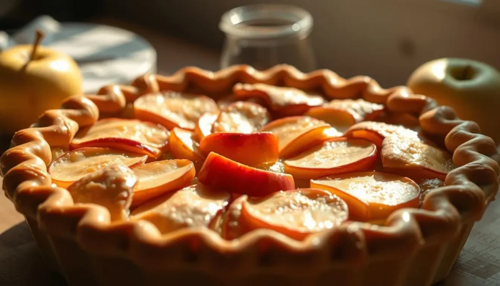 Intricate and delectable frozen apple pie baking guide, featuring a golden-brown crust and a filling of juicy, tart apple slices. Bright natural lighting illuminates the pie, casting subtle shadows and highlighting its delicate texture. The scene is set against a softly blurred backdrop, allowing the pie to take center stage. The camera angle is slightly elevated, providing an enticing, three-dimensional perspective. The overall mood is one of culinary excellence, inviting the viewer to imagine the satisfying aroma and flavors of this classic dessert.