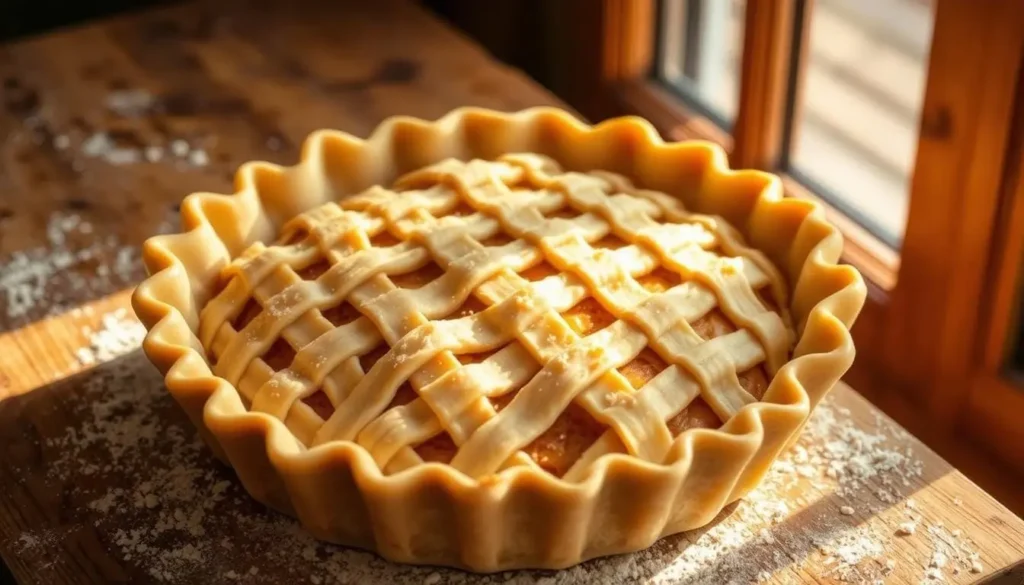 A golden-brown, flaky pie crust, fresh from the oven, sits atop a rustic wooden surface. The crust's intricate lattice pattern casts delicate shadows, hinting at the tender, buttery layers within. Warm afternoon light filters through a nearby window, casting a soft, inviting glow across the scene. The crust's surface is lightly dusted with a light sprinkling of flour, adding a touch of rustic charm. The overall mood is one of comforting homemade goodness, perfectly setting the stage for the delicious banana terracotta pie within.