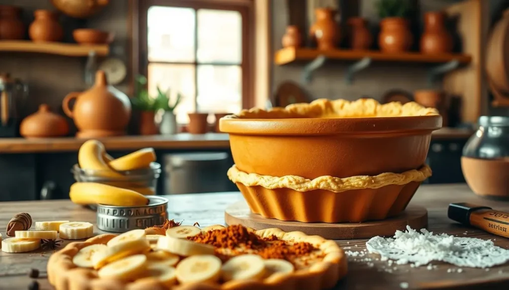 A warm-toned, high-resolution image of a banana terracotta pie assembly. The foreground features carefully arranged pie ingredients - sliced bananas, spices, and a golden, flaky pastry crust. The middle ground showcases the artful assembly of the pie, with a terracotta baking dish at the center. The background depicts a rustic kitchen setting with wooden shelves, terracotta pots, and natural lighting filtering in from a window. The overall mood is one of homely, handcrafted charm, inviting the viewer to imagine the delicious aroma and satisfying texture of the freshly baked banana terracotta pie.