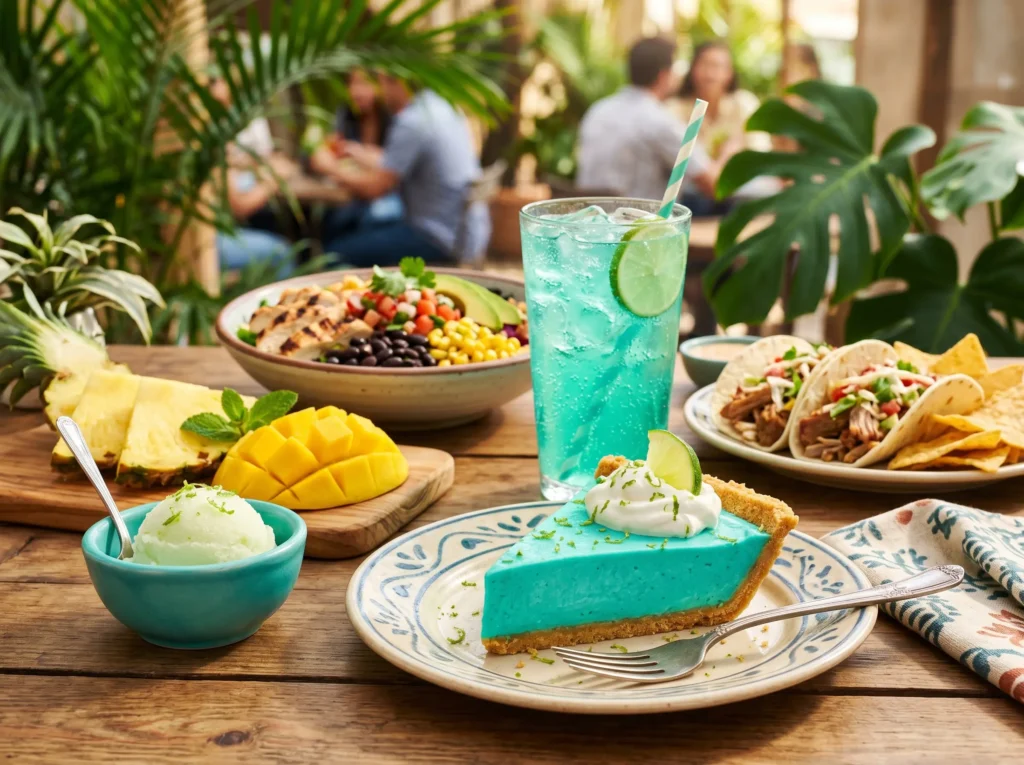 Slice of Baja Blast Pie served with tacos, fresh pineapple, mango, citrus sorbet, and a teal soda drink on a bright table