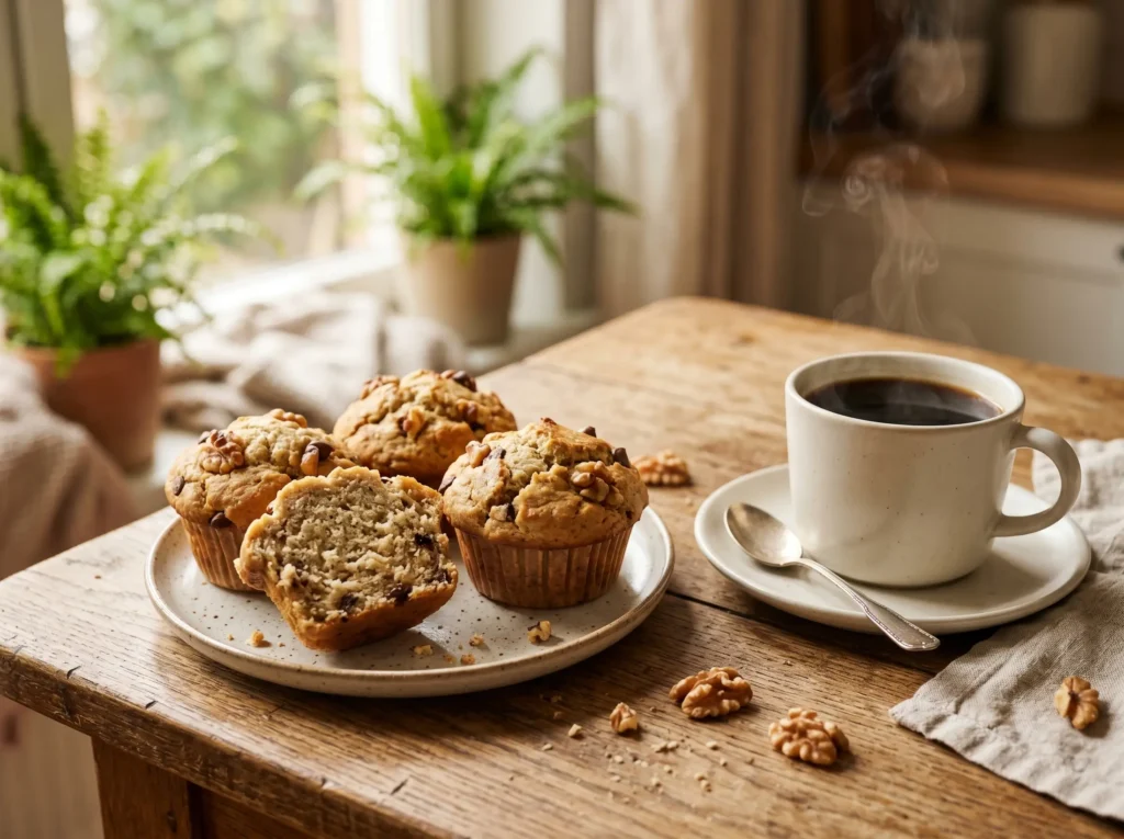 Banana protein muffins served on a plate with coffee