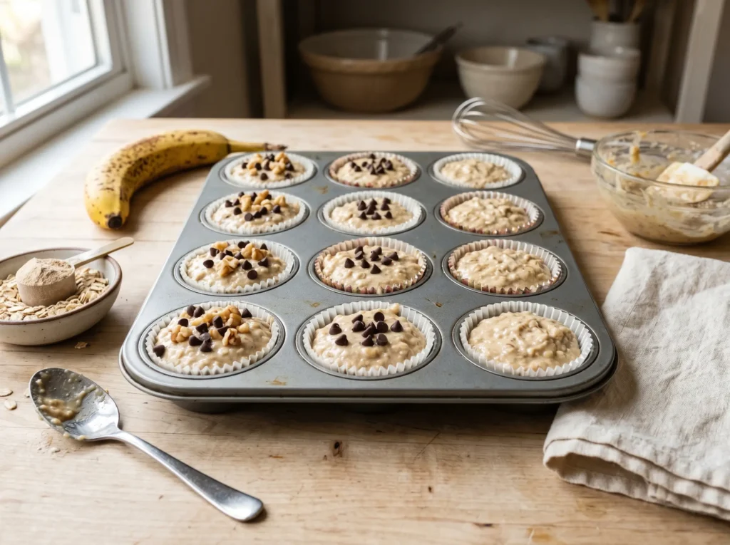 banana protein muffins in muffin tin before baking