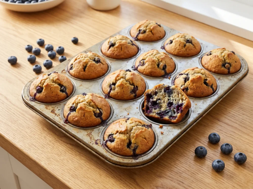Blueberry protein muffins baked with Greek yogurt and fresh blueberries