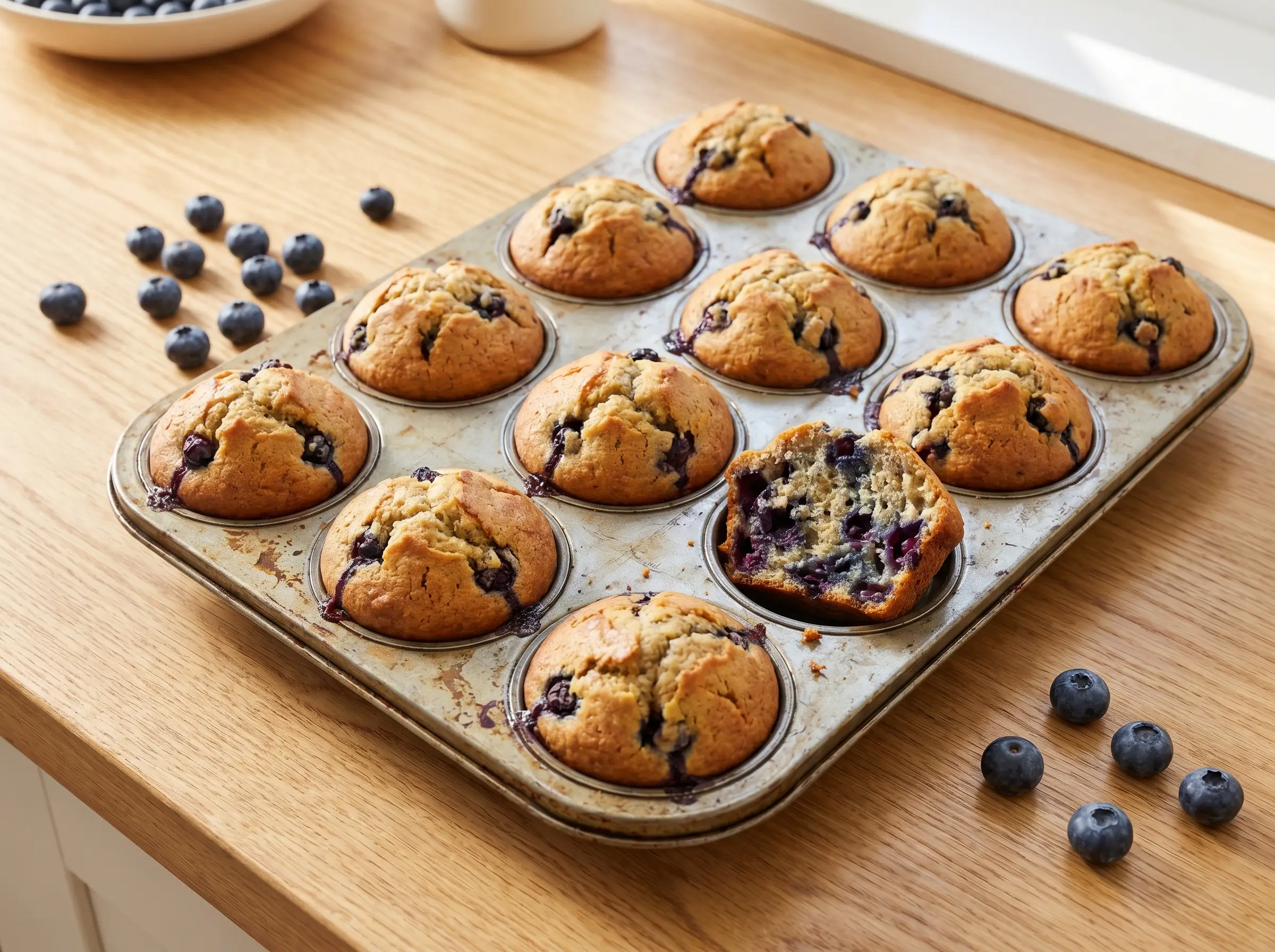 Blueberry protein muffins baked with Greek yogurt and fresh blueberries