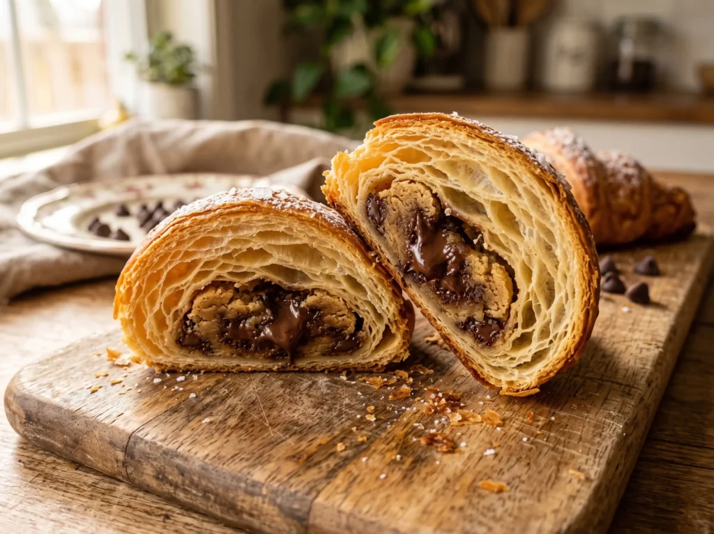 Cut-open homemade crookie showing flaky croissant layers with a soft chocolate chip cookie center and melted chocolate chips.