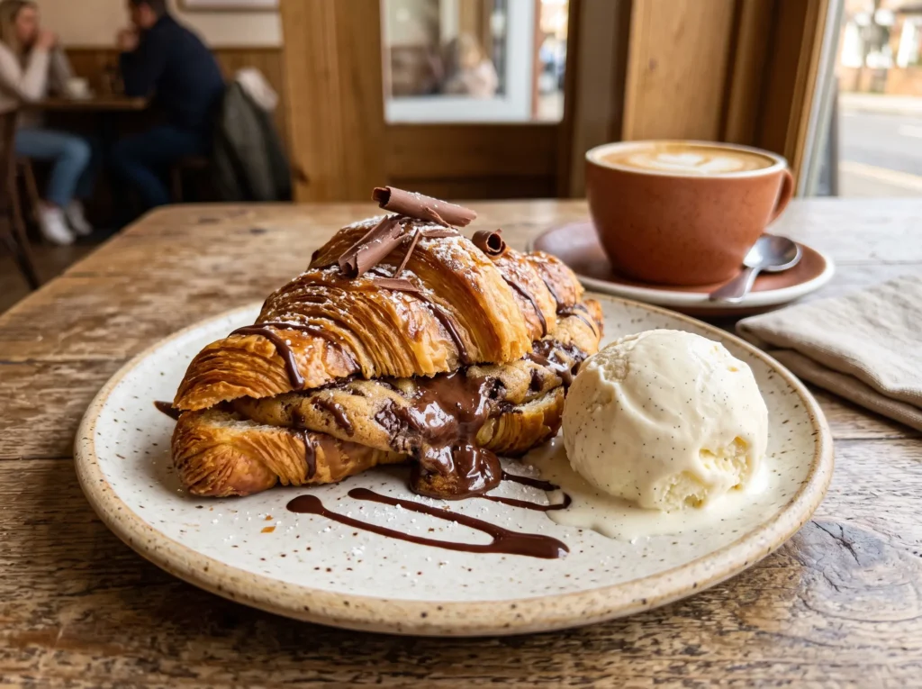 Warm crookie served with vanilla ice cream and chocolate drizzle