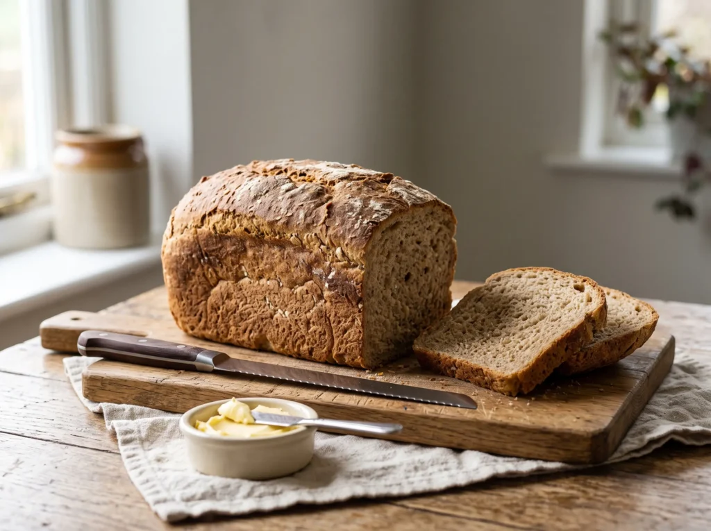 Whole wheat bread loaf baked in a bread machine