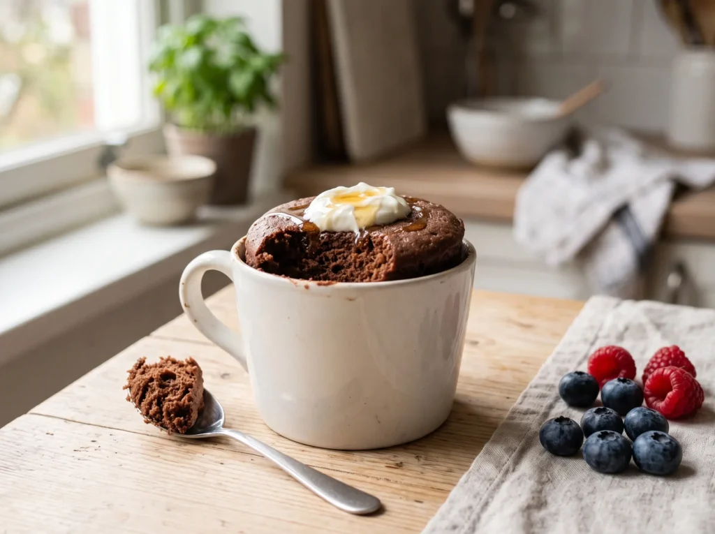 fluffy chocolate protein mug cake with Greek yogurt and honey