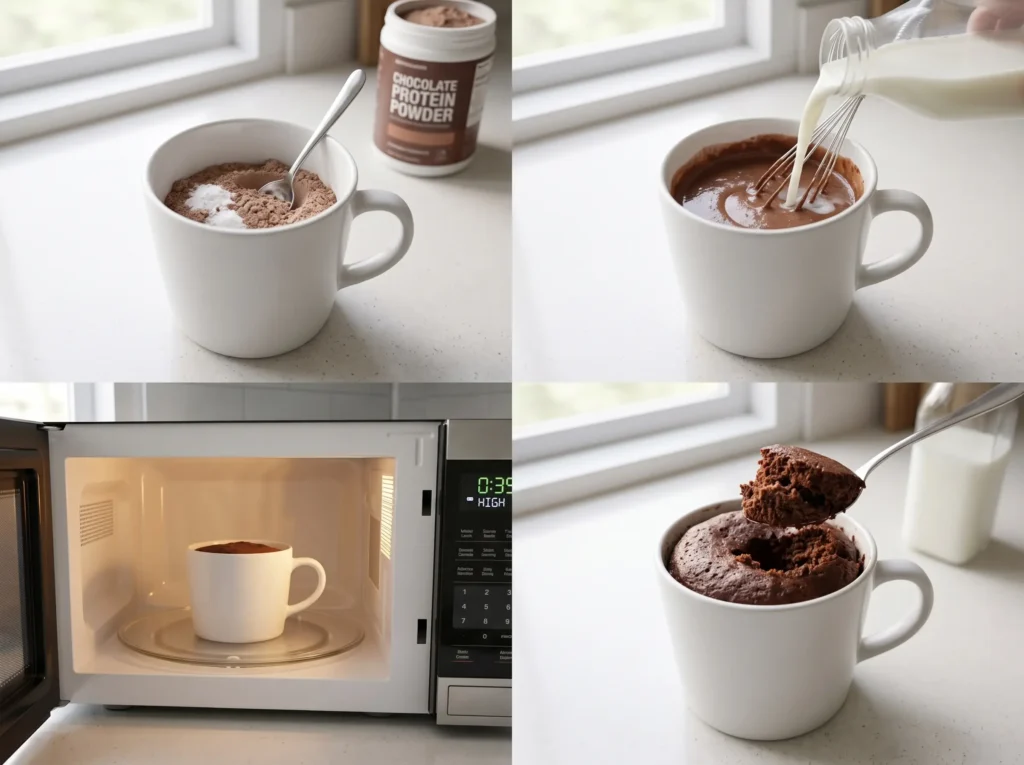 Four steps for making a chocolate protein mug cake