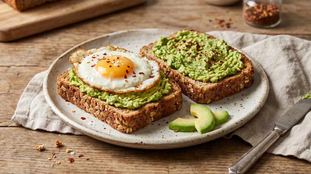 Ezekiel bread topped with avocado, fried egg, and chili flakes.