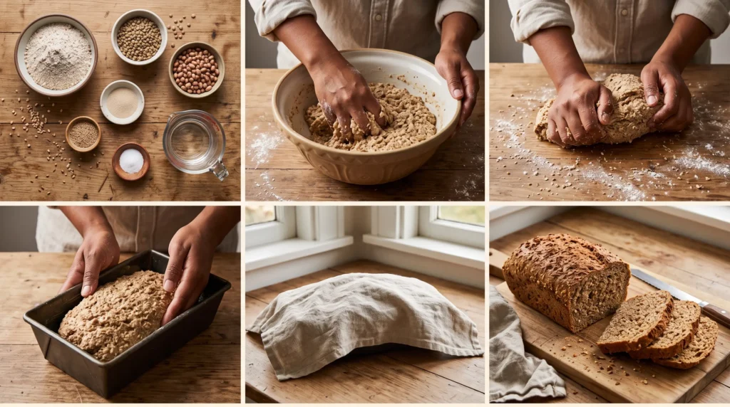Ezekiel bread preparation steps from mixing to baking.