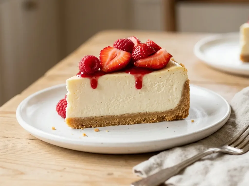 Slice of gluten free cheesecake topped with fresh strawberries, raspberries, and berry sauce